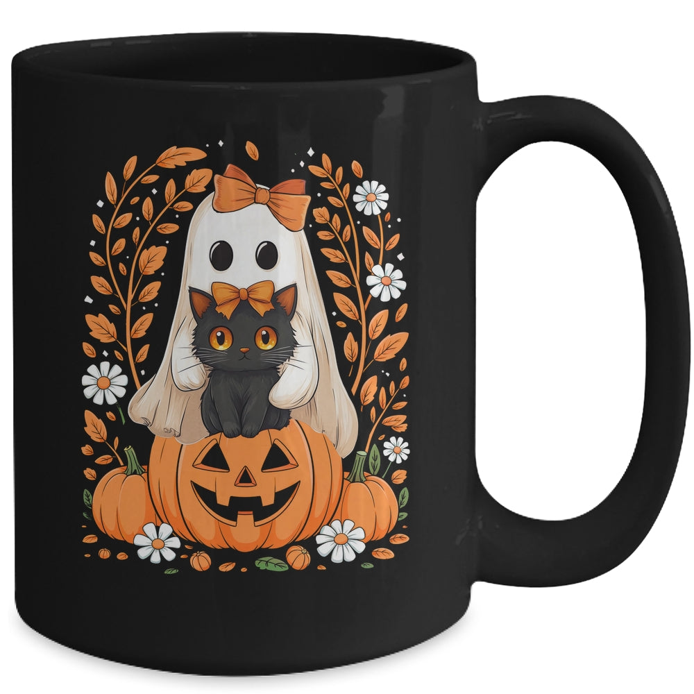 Vintage Halloween Ghost Holding Black Cat Groovy Floral Mug | teecentury