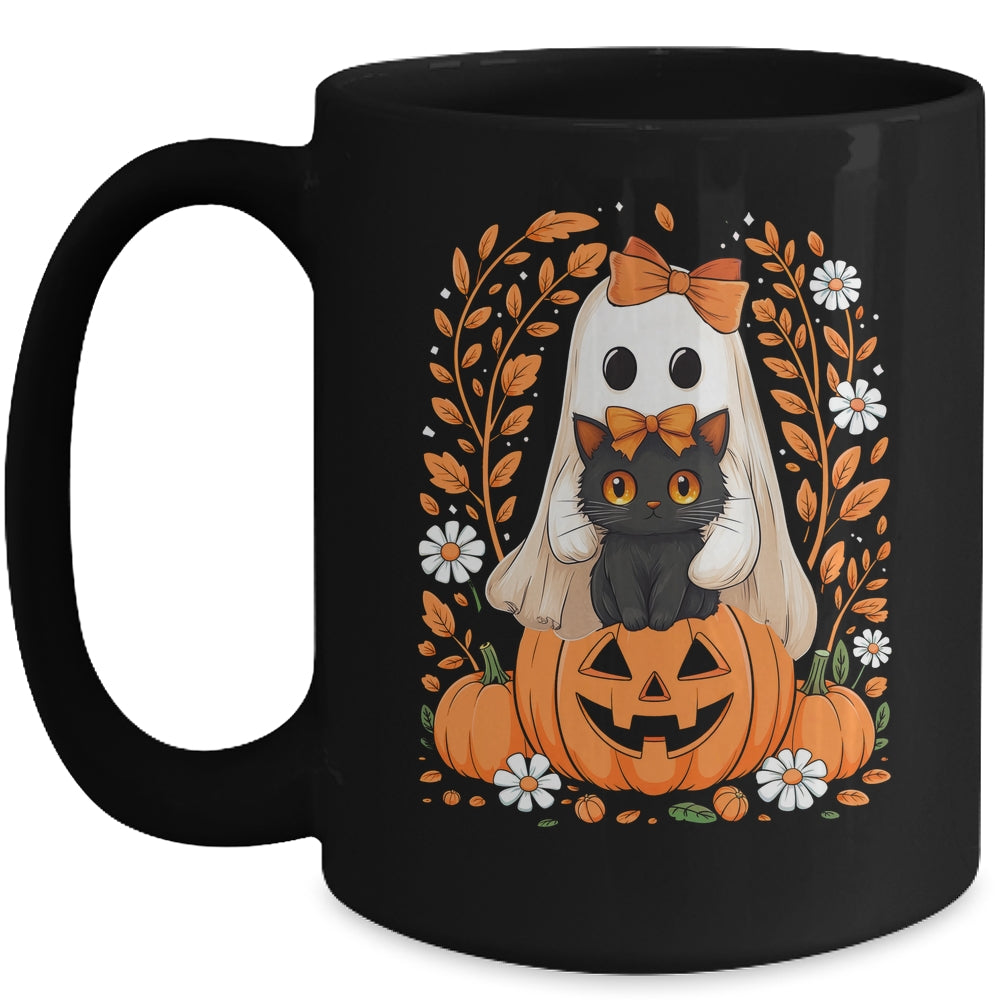 Vintage Halloween Ghost Holding Black Cat Groovy Floral Mug | teecentury