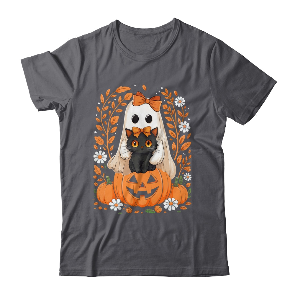 Vintage Halloween Ghost Holding Black Cat Groovy Floral Shirt & Hoodie | teecentury