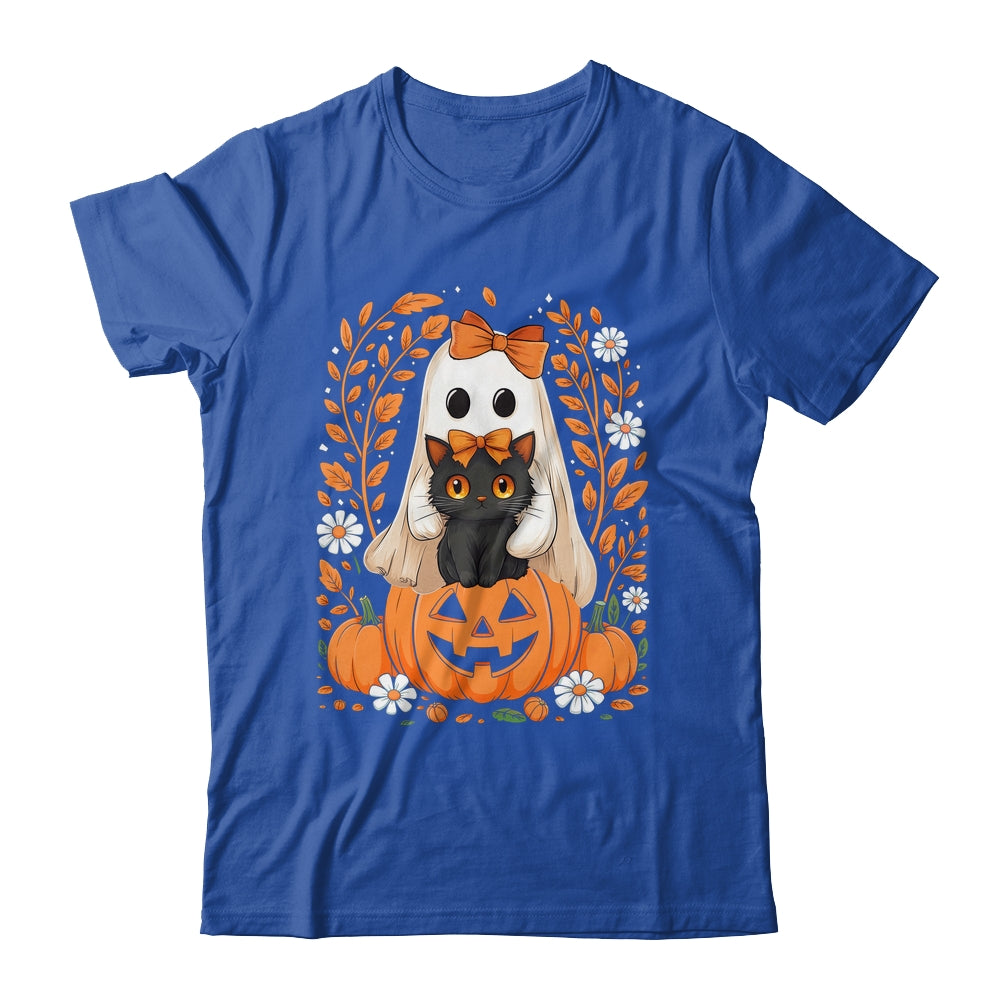 Vintage Halloween Ghost Holding Black Cat Groovy Floral Shirt & Hoodie | teecentury