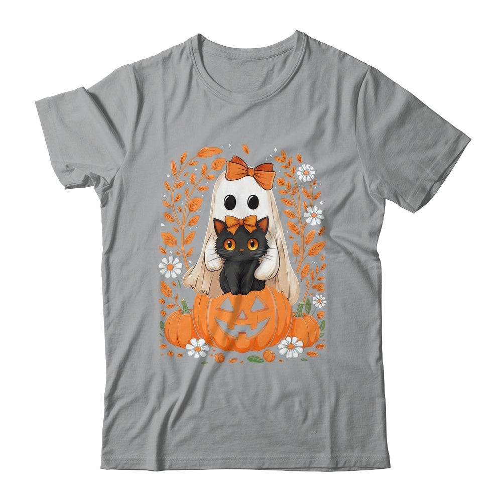 Vintage Halloween Ghost Holding Black Cat Groovy Floral Shirt & Hoodie | teecentury