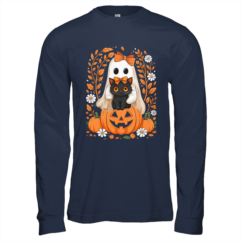 Vintage Halloween Ghost Holding Black Cat Groovy Floral Shirt & Hoodie | teecentury