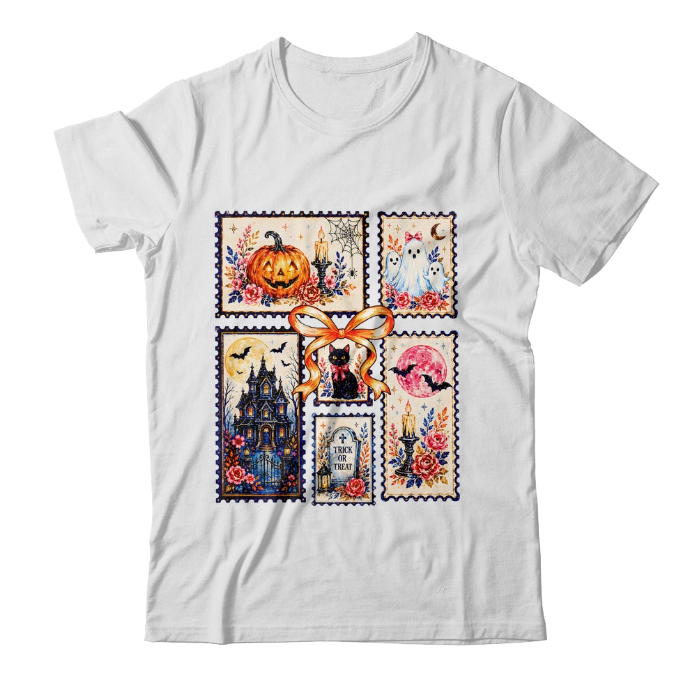 Vintage Halloween Stamp Pumpkin Ghost Black Cat House Floral Shirt & Hoodie | teecentury