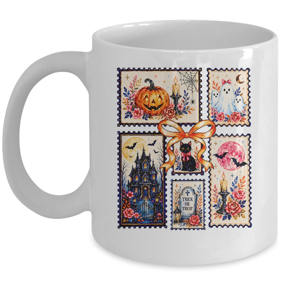 Vintage Halloween Stamp Pumpkin Ghost Black Cat House Floral Mug | teecentury
