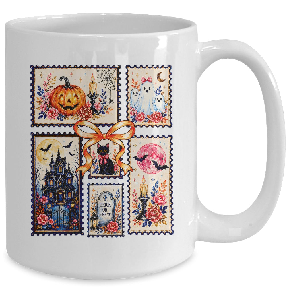 Vintage Halloween Stamp Pumpkin Ghost Black Cat House Floral Mug | teecentury