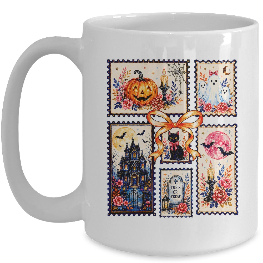 Vintage Halloween Stamp Pumpkin Ghost Black Cat House Floral Mug | teecentury