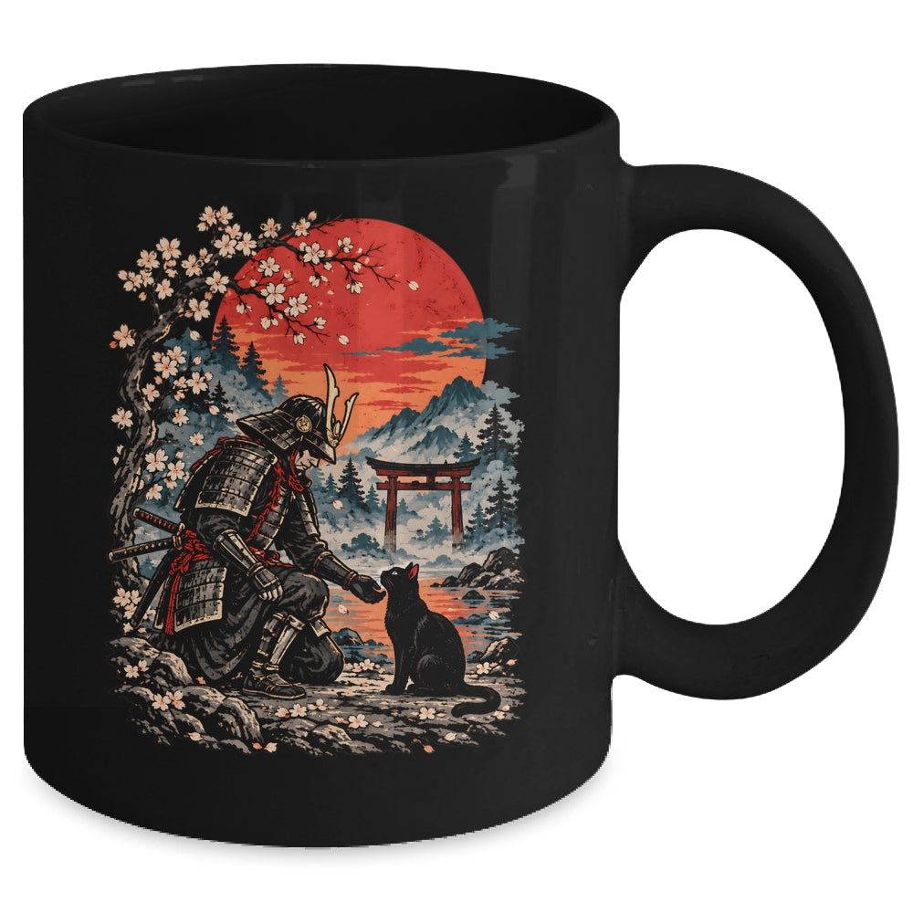 Vintage Japanese Art Samurai Warrior Black Cat Men Women Mug | teecentury