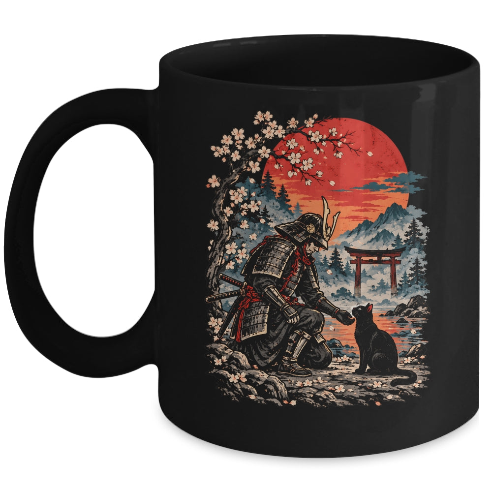 Vintage Japanese Art Samurai Warrior Black Cat Men Women Mug | teecentury