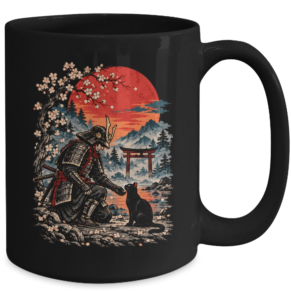 Vintage Japanese Art Samurai Warrior Black Cat Men Women Mug | teecentury