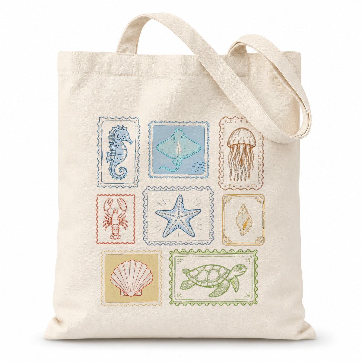Vintage Sea Creatures Stamp Tote Bag Aesthetic Girls Canvas Ocean Animals Beach Reusable Shopping Bags Women Summer Vacation Gift Canvas Tote Bag | teecentury