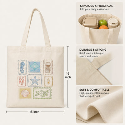 Vintage Sea Creatures Stamp Tote Bag Aesthetic Girls Canvas Ocean Animals Beach Reusable Shopping Bags Women Summer Vacation Gift Canvas Tote Bag | teecentury