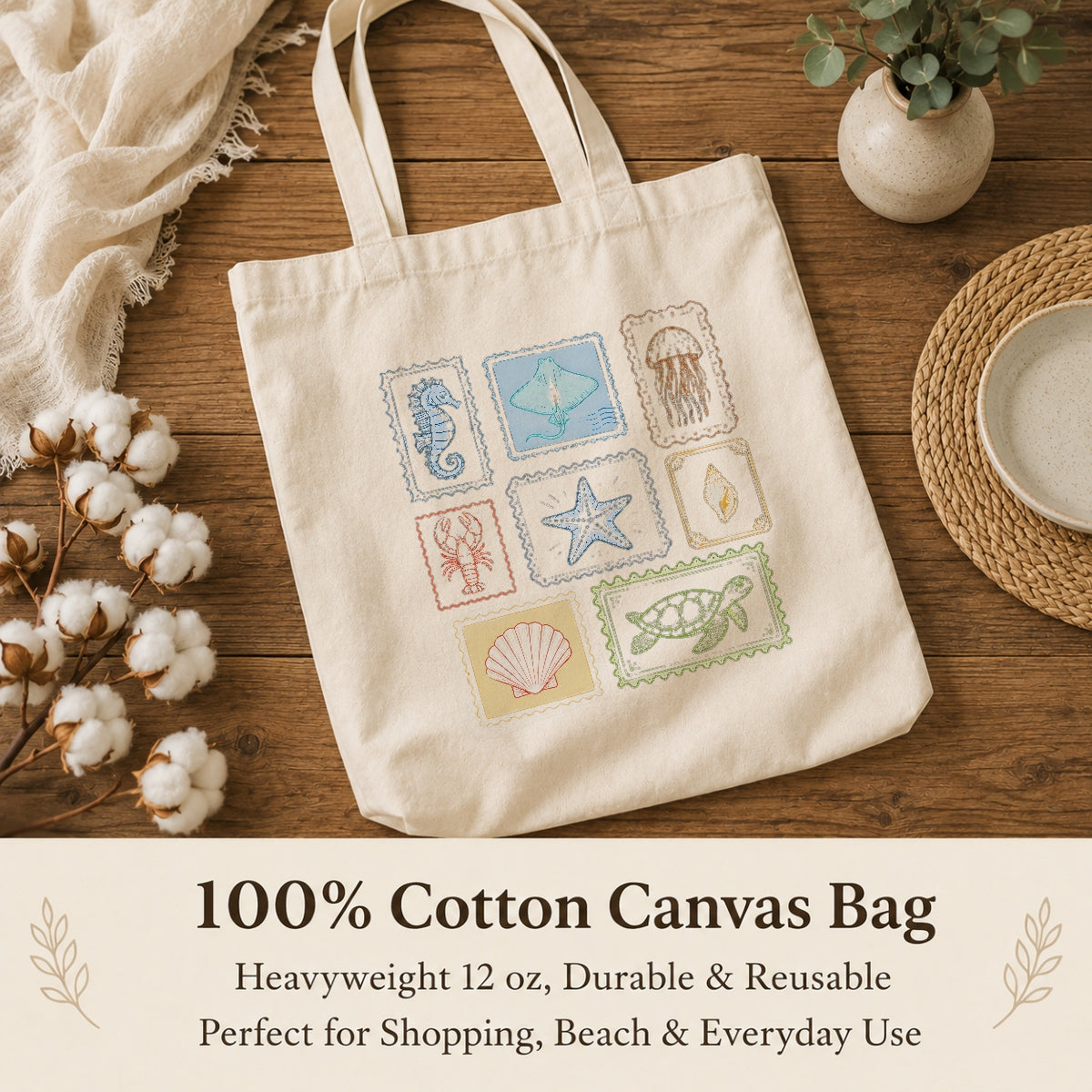 Vintage Sea Creatures Stamp Tote Bag Aesthetic Girls Canvas Ocean Animals Beach Reusable Shopping Bags Women Summer Vacation Gift Canvas Tote Bag | teecentury