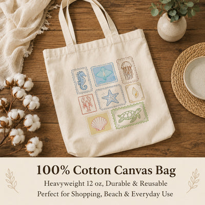 Vintage Sea Creatures Stamp Tote Bag Aesthetic Girls Canvas Ocean Animals Beach Reusable Shopping Bags Women Summer Vacation Gift Canvas Tote Bag | teecentury