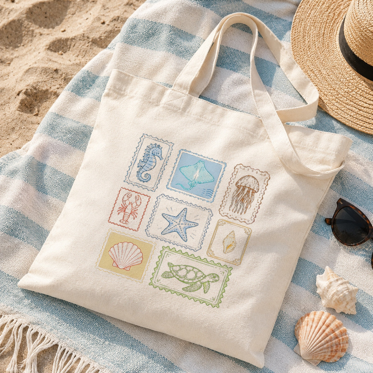 Vintage Sea Creatures Stamp Tote Bag Aesthetic Girls Canvas Ocean Animals Beach Reusable Shopping Bags Women Summer Vacation Gift Canvas Tote Bag | teecentury