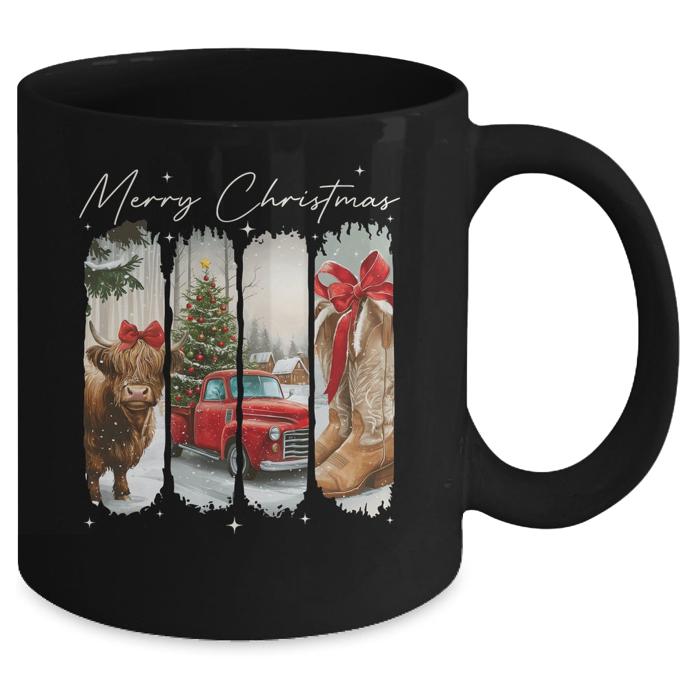 Vintage Town Cowgirl Highland Cow Girl Merry Christmas Mug | teecentury