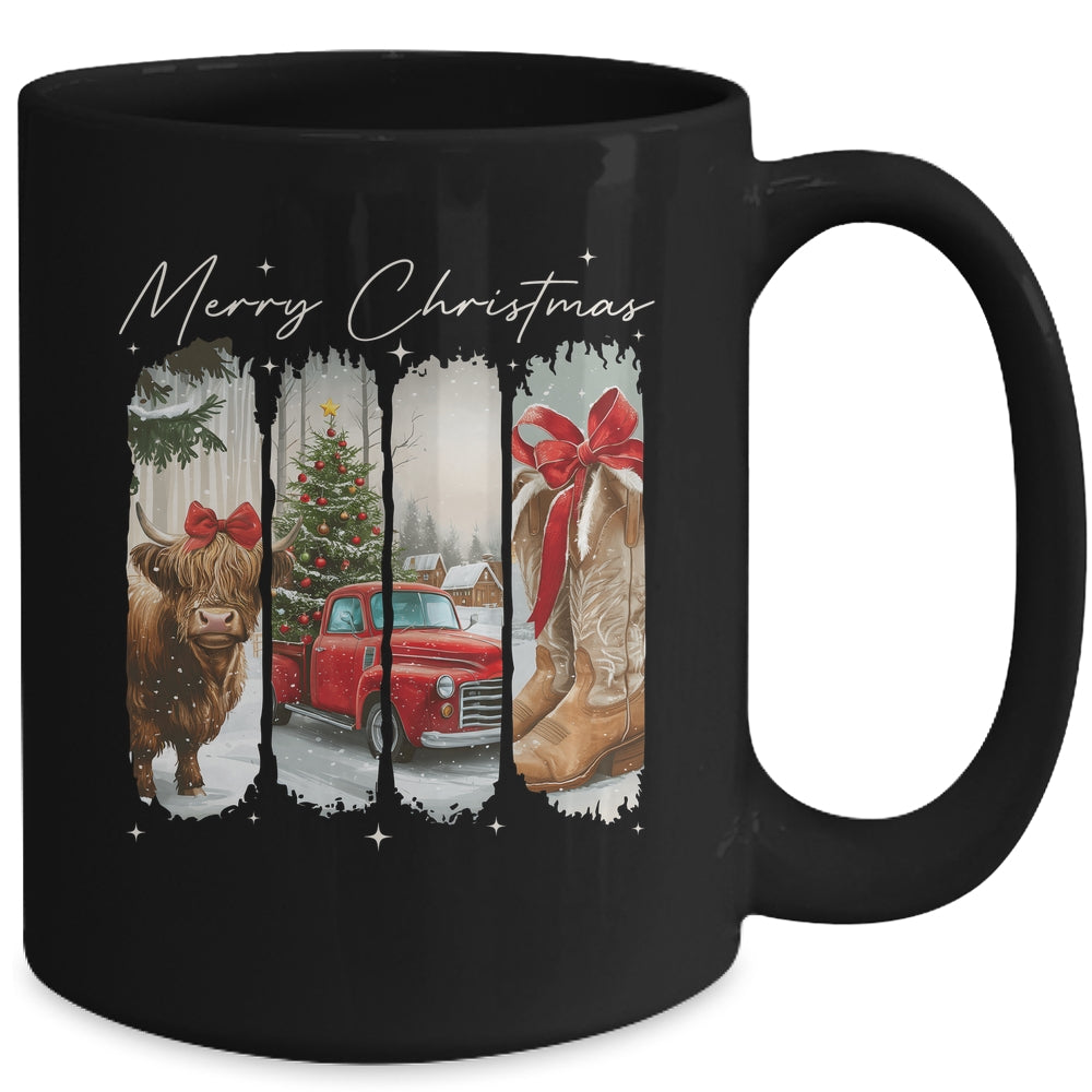 Vintage Town Cowgirl Highland Cow Girl Merry Christmas Mug | teecentury