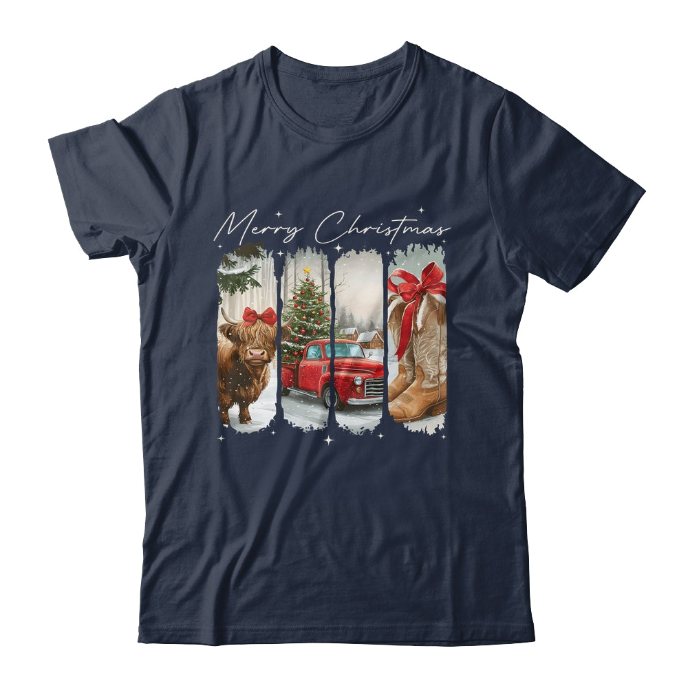 Vintage Town Cowgirl Highland Cow Girl Merry Christmas Shirt & Sweatshirt | teecentury