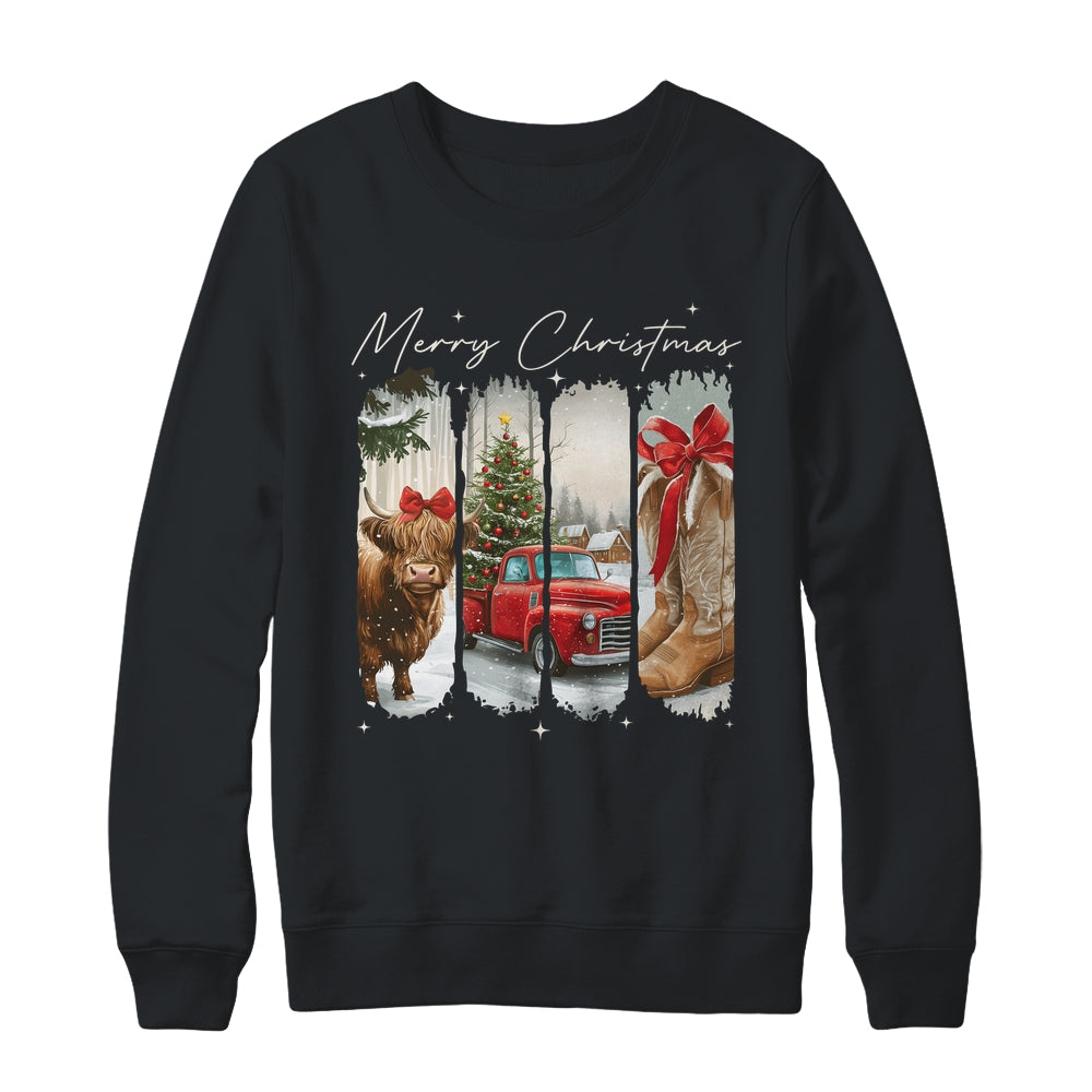Vintage Town Cowgirl Highland Cow Girl Merry Christmas Shirt & Sweatshirt | teecentury