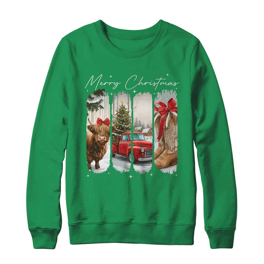 Vintage Town Cowgirl Highland Cow Girl Merry Christmas Shirt & Sweatshirt | teecentury