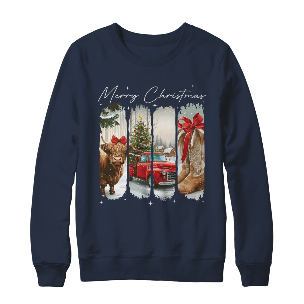 Vintage Town Cowgirl Highland Cow Girl Merry Christmas Shirt & Sweatshirt | teecentury
