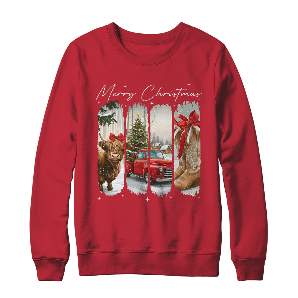 Vintage Town Cowgirl Highland Cow Girl Merry Christmas Shirt & Sweatshirt | teecentury