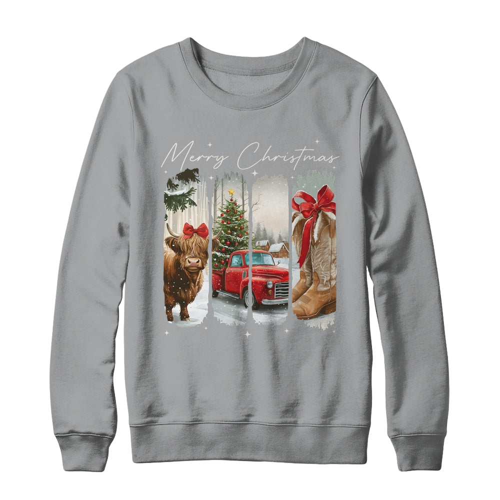 Vintage Town Cowgirl Highland Cow Girl Merry Christmas Shirt & Sweatshirt | teecentury