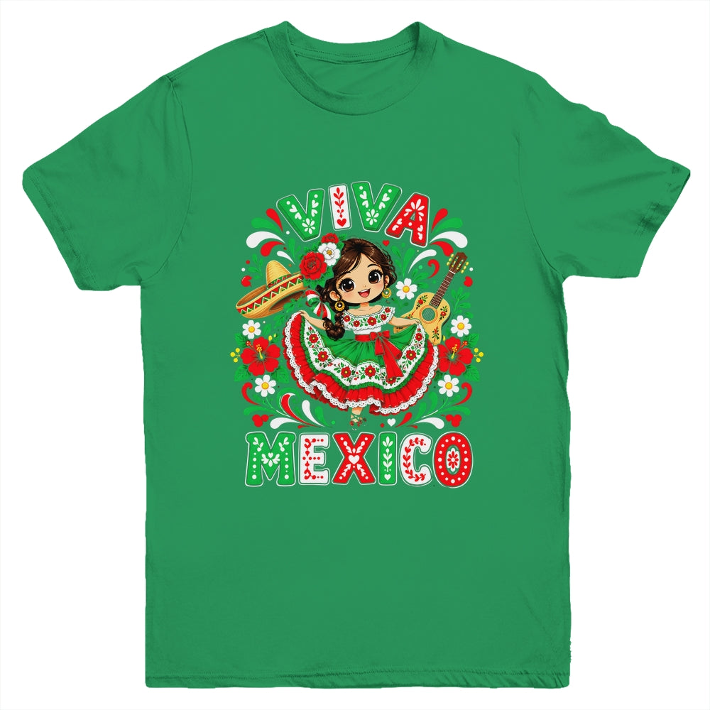 Viva Mexico Mexican Girl Flag Independence Day Kids Youth Shirt | teecentury