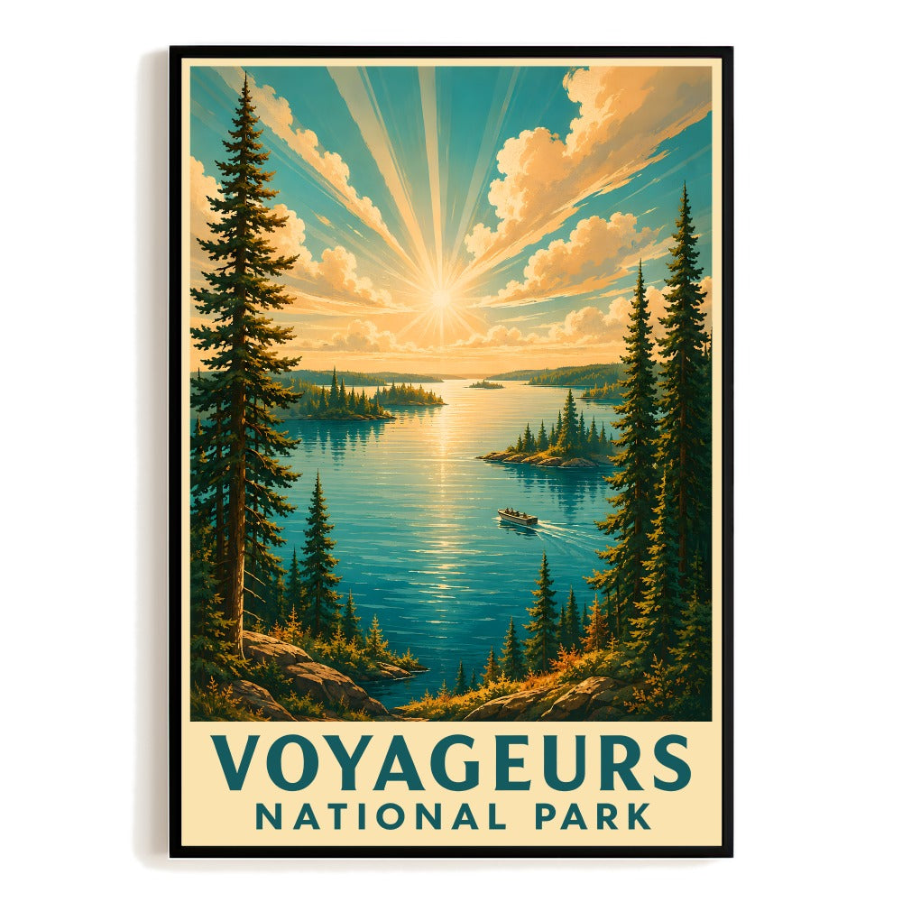 Voyageurs National Park Travel Poster Minnesota Lake Landscape Vintage Sunburst Pine Forest Wall Art Print Nature Adventure Decor Ideal For Home Cabin Unframed | teecentury