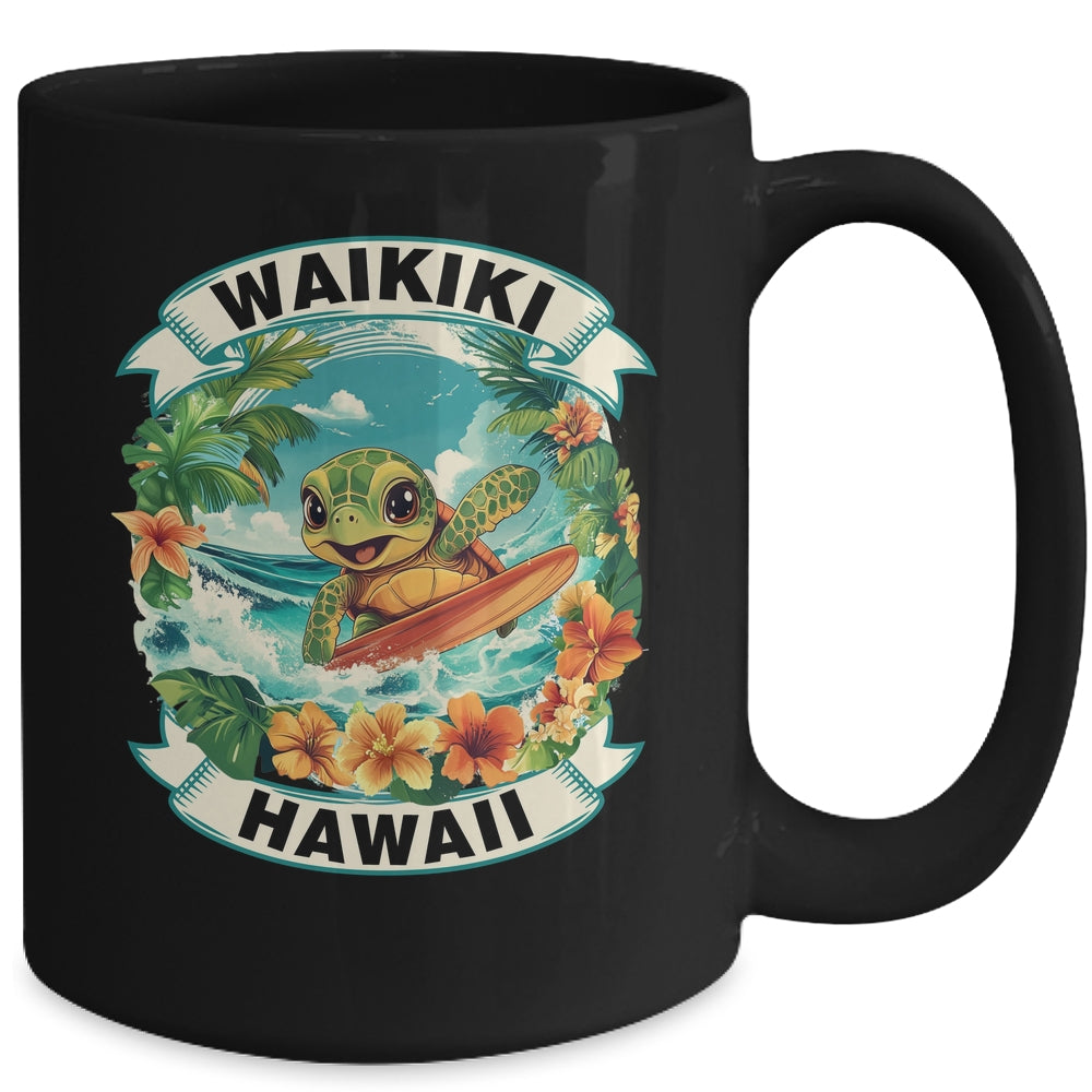 Waikiki Hawaii Cute Sea Turtle Surfing Summer Vacation Mug | teecentury