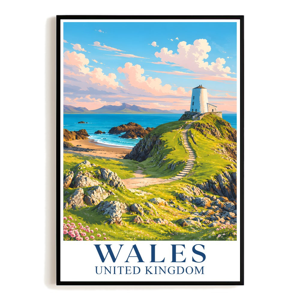 Wales United Kingdom Travel Poster Vintage Lighthouse Coastal Landscape Wall Art Print Souvenir Ideal For Family Home Living Room Office Bedroom Decor Unframed | teecentury