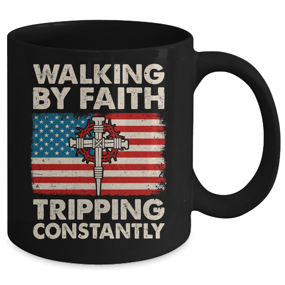 Walking By Faith Tripping Constantly Christian Bible US Flag Mug | teecentury