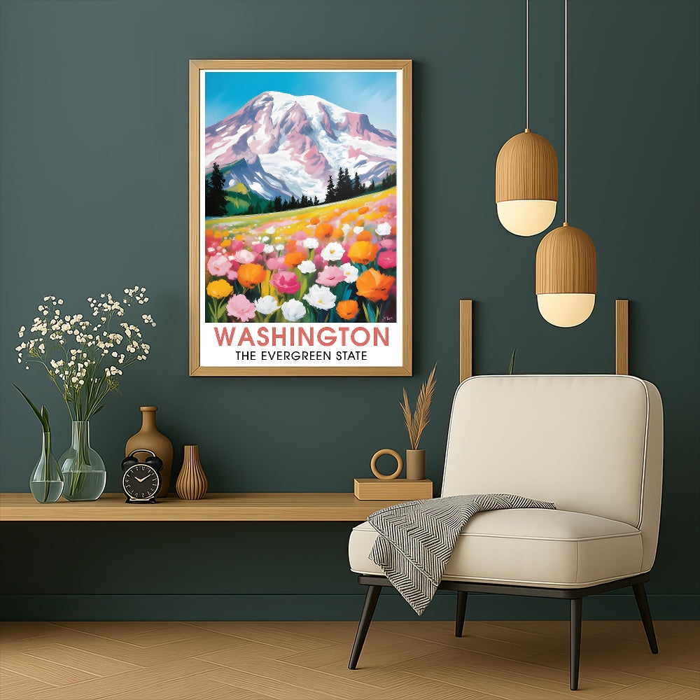 Washington Print Travel Poster Nature Evergreen State Souvenir Wall Art Landscape Painting Picture Mountains For Home Room Living Room Office Bedroom Decor Unframed | teecentury