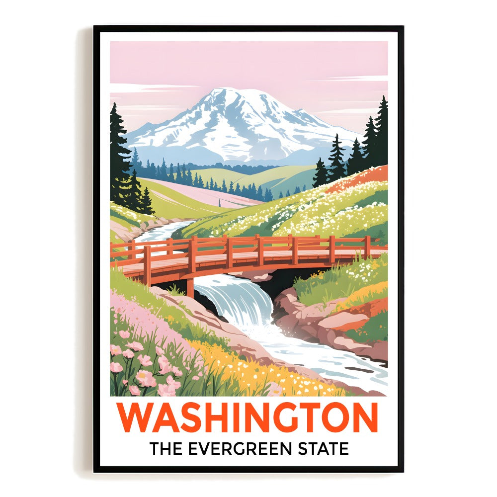Washington The Evergreen State Souvenir Travel Poster Mount Rainier Landscape Wall Art Print Painting Picture For Home Room Living Room Office Bedroom Decor Unframed | teecentury