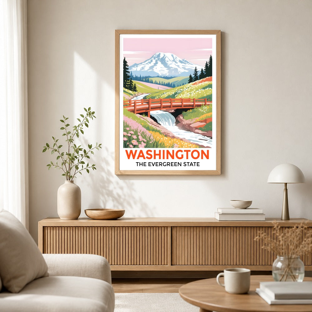 Washington The Evergreen State Souvenir Travel Poster Mount Rainier Landscape Wall Art Print Painting Picture For Home Room Living Room Office Bedroom Decor Unframed | teecentury
