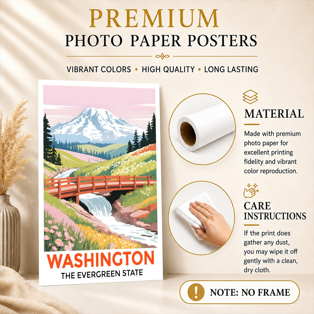 Washington The Evergreen State Souvenir Travel Poster Mount Rainier Landscape Wall Art Print Painting Picture For Home Room Living Room Office Bedroom Decor Unframed | teecentury