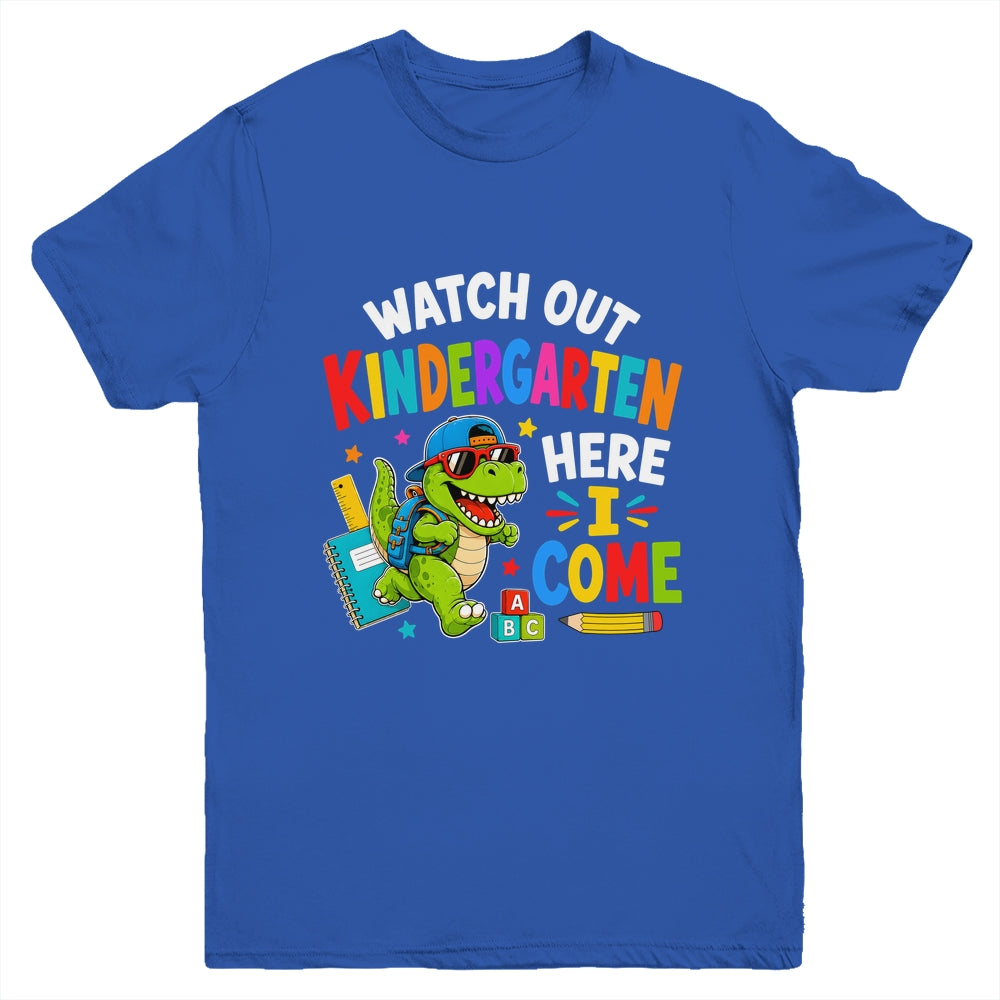 Watch Out Kindergarten Here I Come Dino First Day Of School Youth Shirt | teecentury