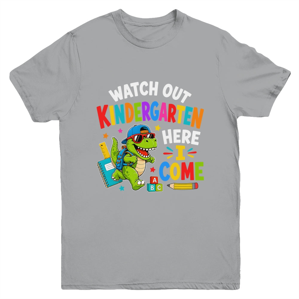 Watch Out Kindergarten Here I Come Dino First Day Of School Youth Shirt | teecentury