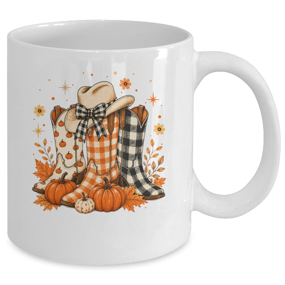 Western Cowgirl Cowboy Boots Checkered Fall Pumpkin Leopard Mug | teecentury