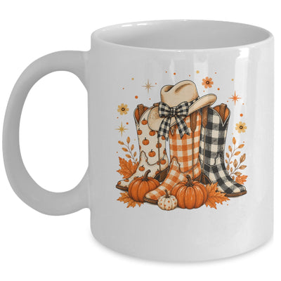 Western Cowgirl Cowboy Boots Checkered Fall Pumpkin Leopard Mug | teecentury
