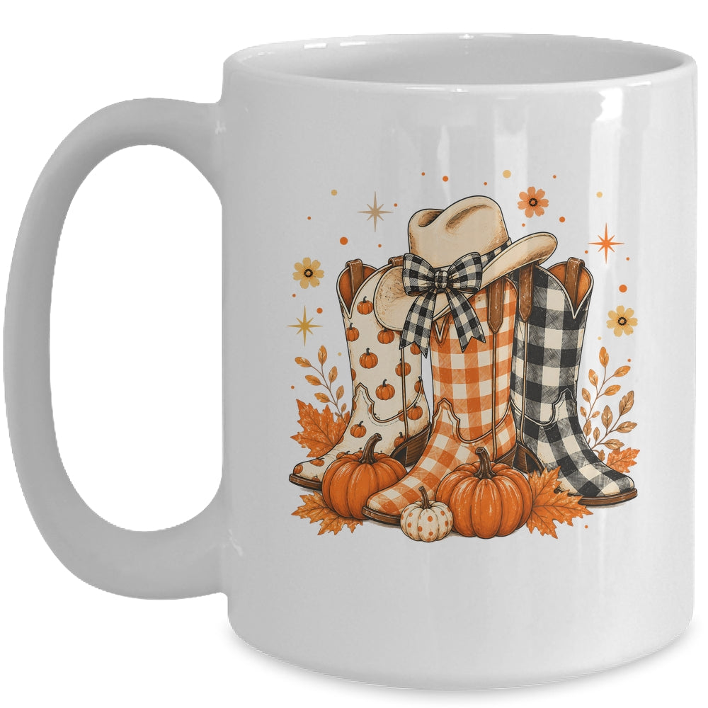 Western Cowgirl Cowboy Boots Checkered Fall Pumpkin Leopard Mug | teecentury