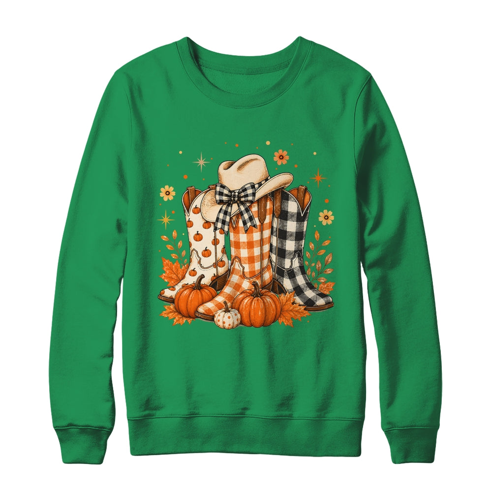 Western Cowgirl Cowboy Boots Checkered Fall Pumpkin Leopard Shirt & Sweatshirt | teecentury