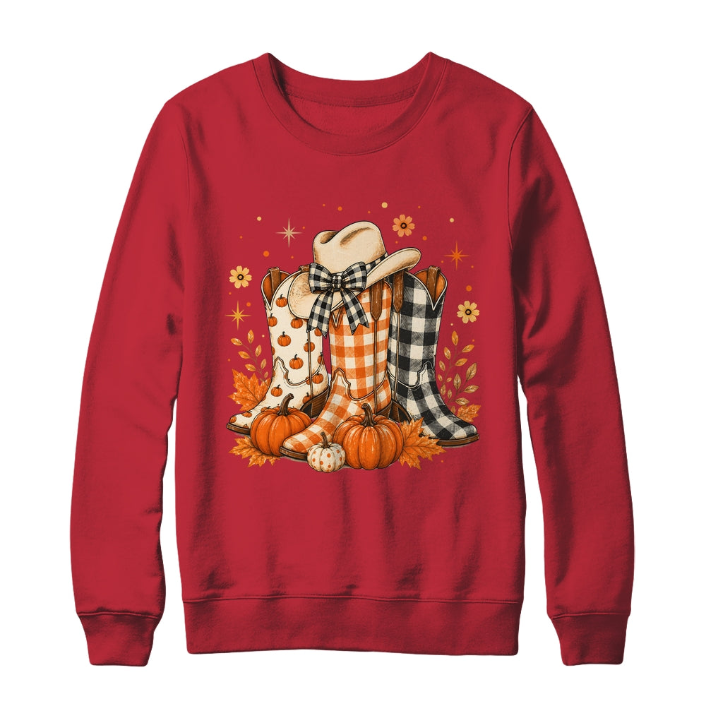 Western Cowgirl Cowboy Boots Checkered Fall Pumpkin Leopard Shirt & Sweatshirt | teecentury