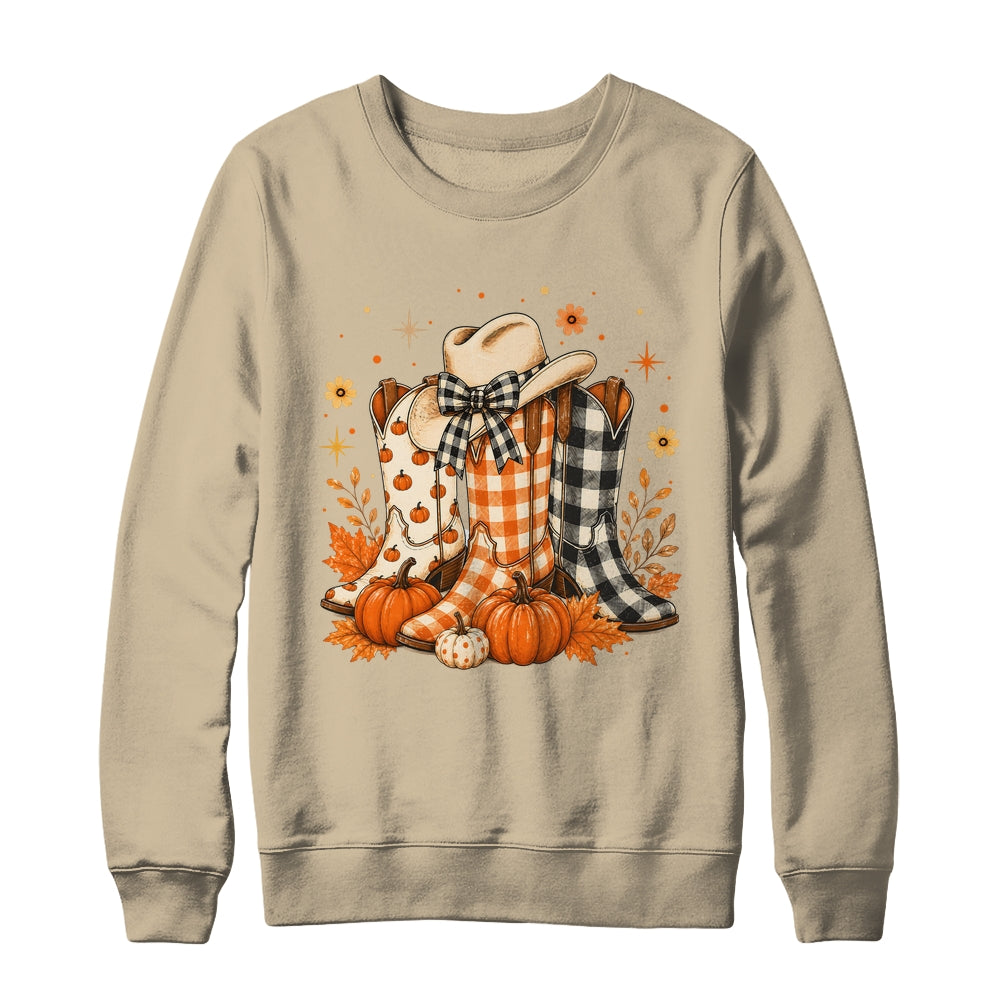Western Cowgirl Cowboy Boots Checkered Fall Pumpkin Leopard Shirt & Sweatshirt | teecentury