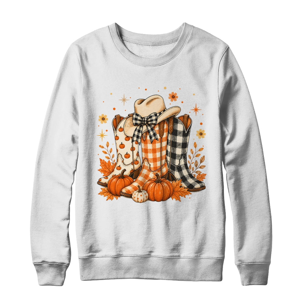 Western Cowgirl Cowboy Boots Checkered Fall Pumpkin Leopard Shirt & Sweatshirt | teecentury