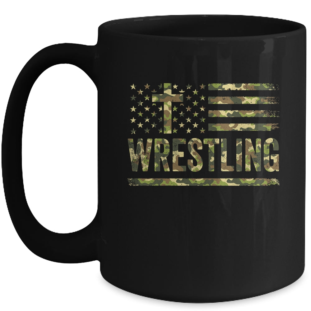 Wrestling American Flag Camo USA Patriotic Wrestler Men Boys Mug | teecentury