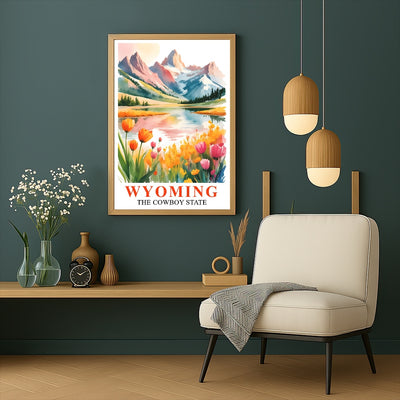Wyoming Print Travel Poster Wildflowers Mountain Cowboy State Souvenir Wall Art Landscape Painting Picture Ideal Gift For Home Living Room Office Bedroom Decor Unframed | teecentury