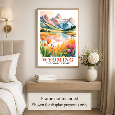 Wyoming Print Travel Poster Wildflowers Mountain Cowboy State Souvenir Wall Art Landscape Painting Picture Ideal Gift For Home Living Room Office Bedroom Decor Unframed | teecentury