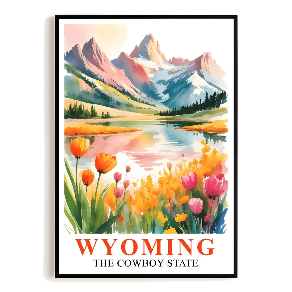 Wyoming Print Travel Poster Wildflowers Mountain Cowboy State Souvenir Wall Art Landscape Painting Picture Ideal Gift For Home Living Room Office Bedroom Decor Unframed | teecentury
