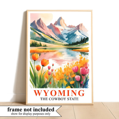 Wyoming Print Travel Poster Wildflowers Mountain Cowboy State Souvenir Wall Art Landscape Painting Picture Ideal Gift For Home Living Room Office Bedroom Decor Unframed | teecentury