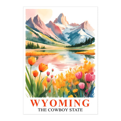 Wyoming Print Travel Poster Wildflowers Mountain Cowboy State Souvenir Wall Art Landscape Painting Picture Ideal Gift For Home Living Room Office Bedroom Decor Unframed | teecentury